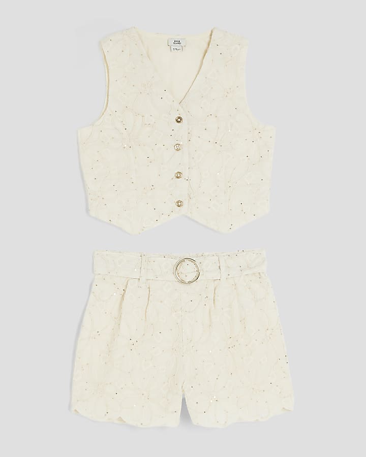 Girls Cream Waistcoat And Shorts Set