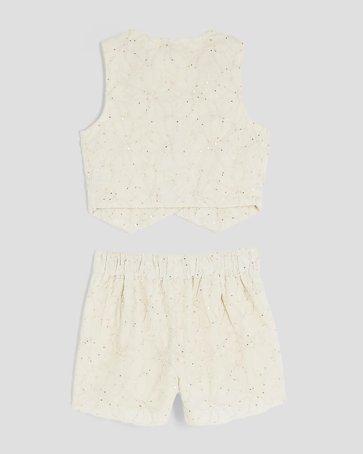 Girls Cream Waistcoat And Shorts Set