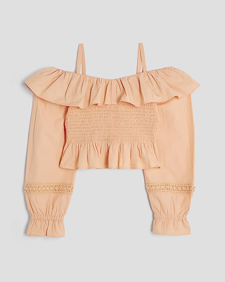 Girls Coral Bardot Long Sleeve Top