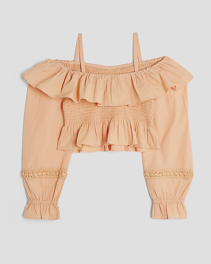 Girls Coral Bardot Long Sleeve Top