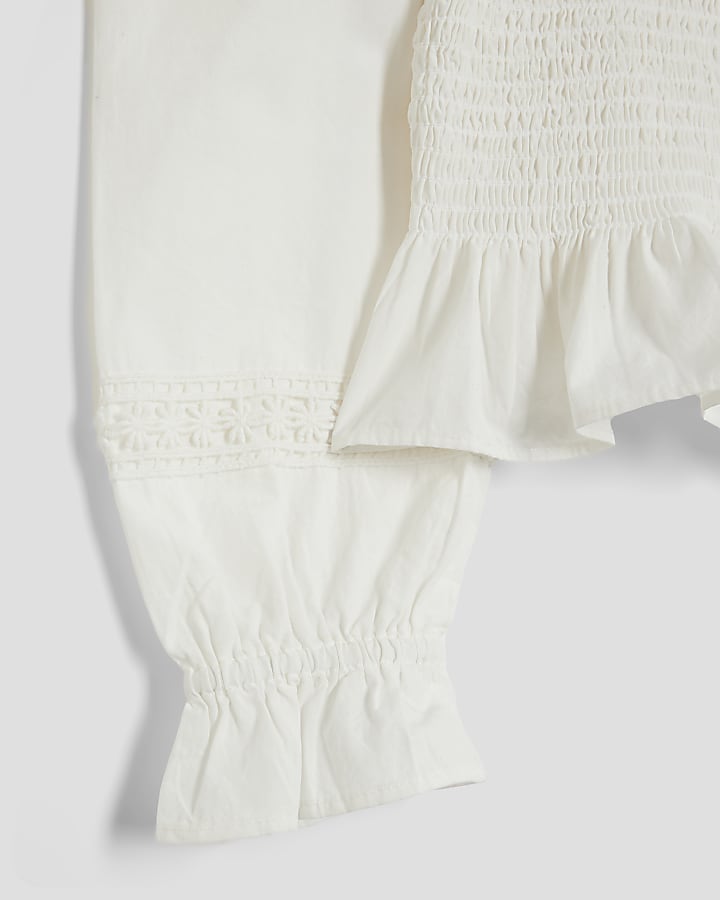 Girls White Bardot Long Sleeve Top