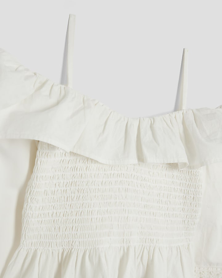 Girls White Bardot Long Sleeve Top