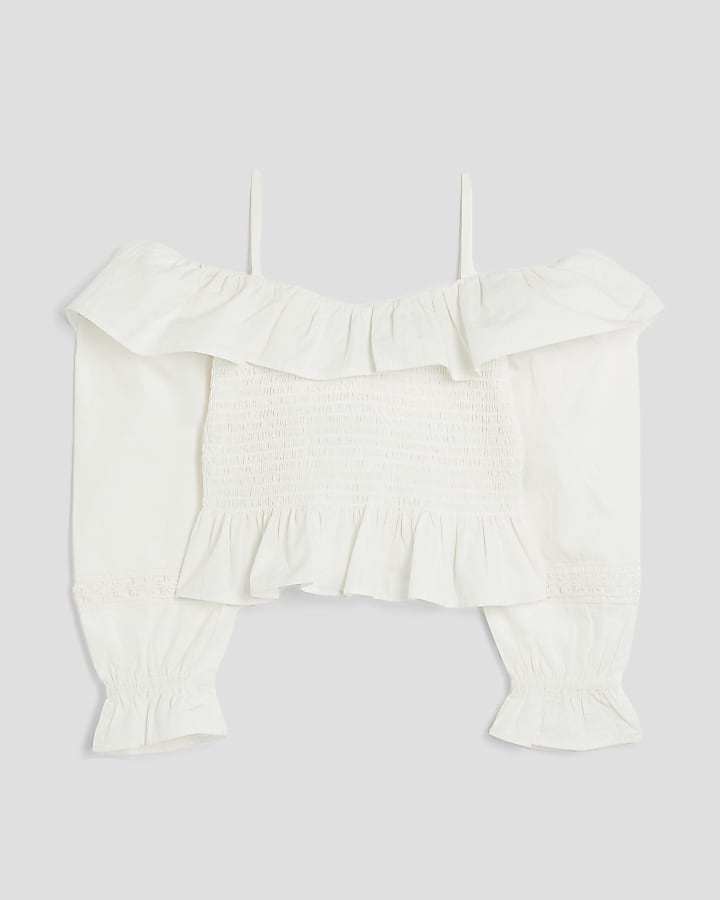 Girls White Bardot Long Sleeve Top