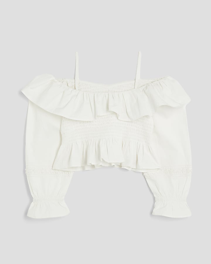 Girls White Bardot Long Sleeve Top