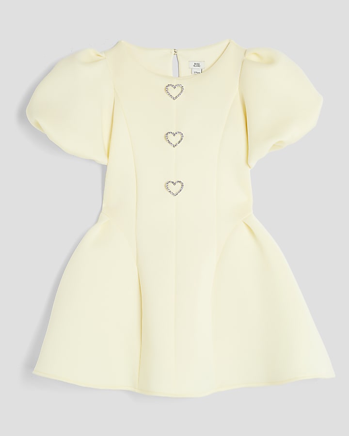 Girls Yellow Short Puff Sleeve Skater Dress