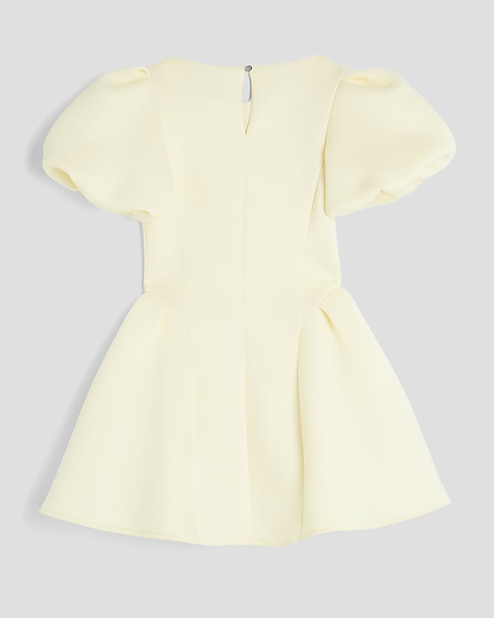 Girls Yellow Short Puff Sleeve Skater Dress