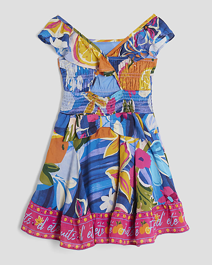 Girls Blue Print Frill Waisted Dress