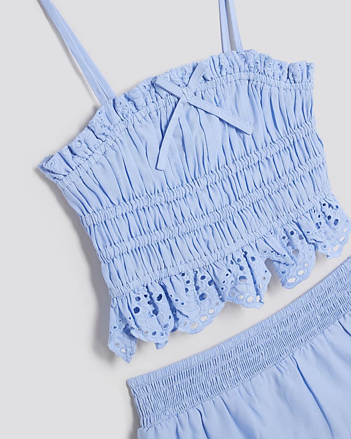 Girls Blue Broderie Top And Skort Set