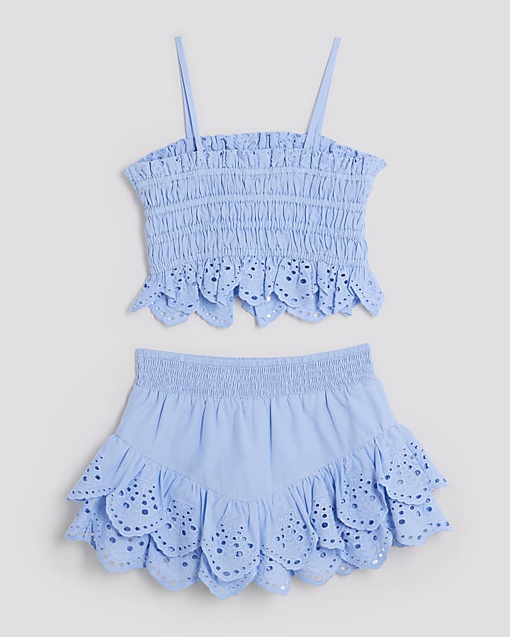 Girls Blue Broderie Top And Skort Set