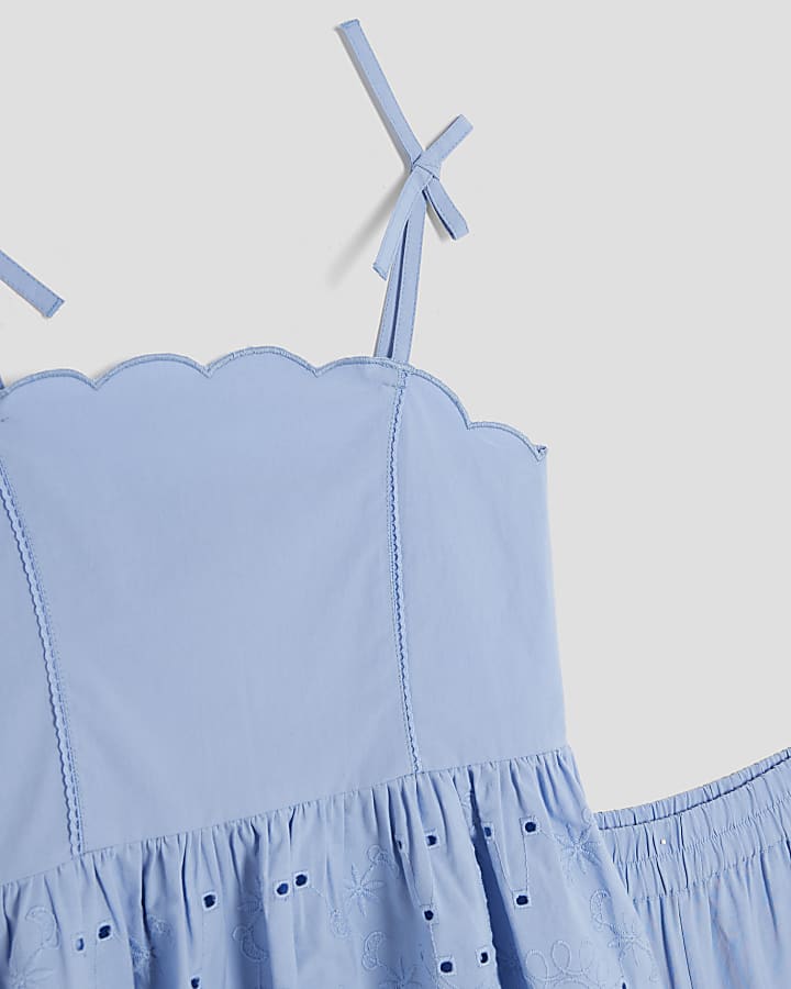 Girls Blue Broderie Top And Trousers Set