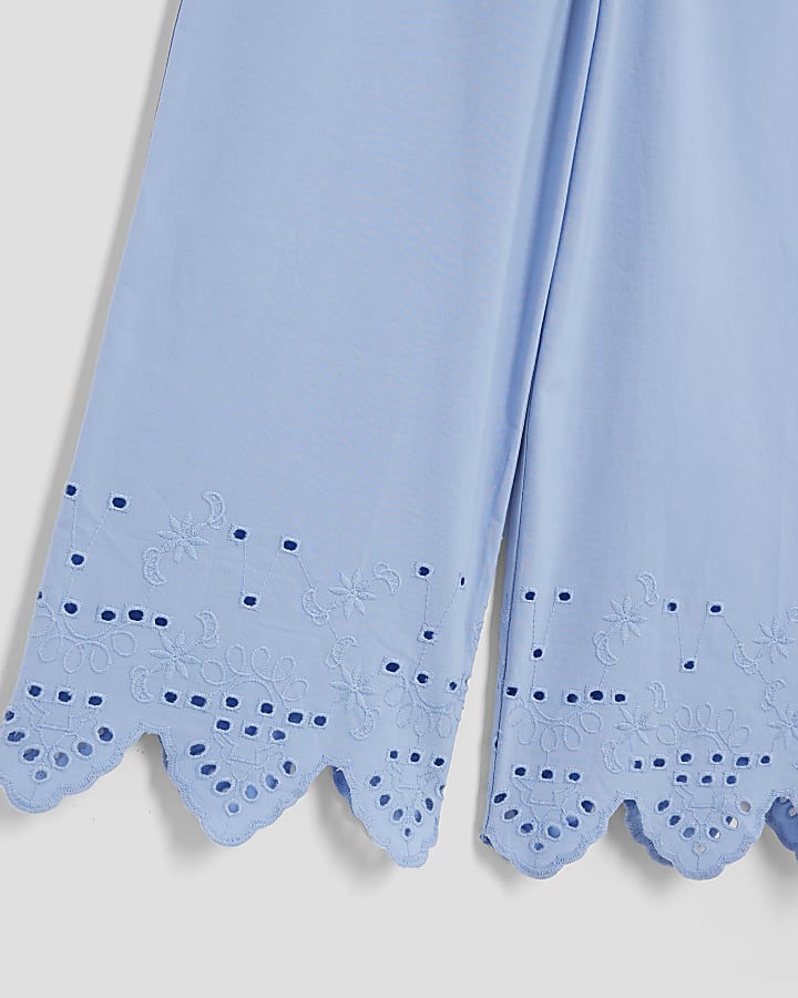 Girls Blue Broderie Top And Trousers Set