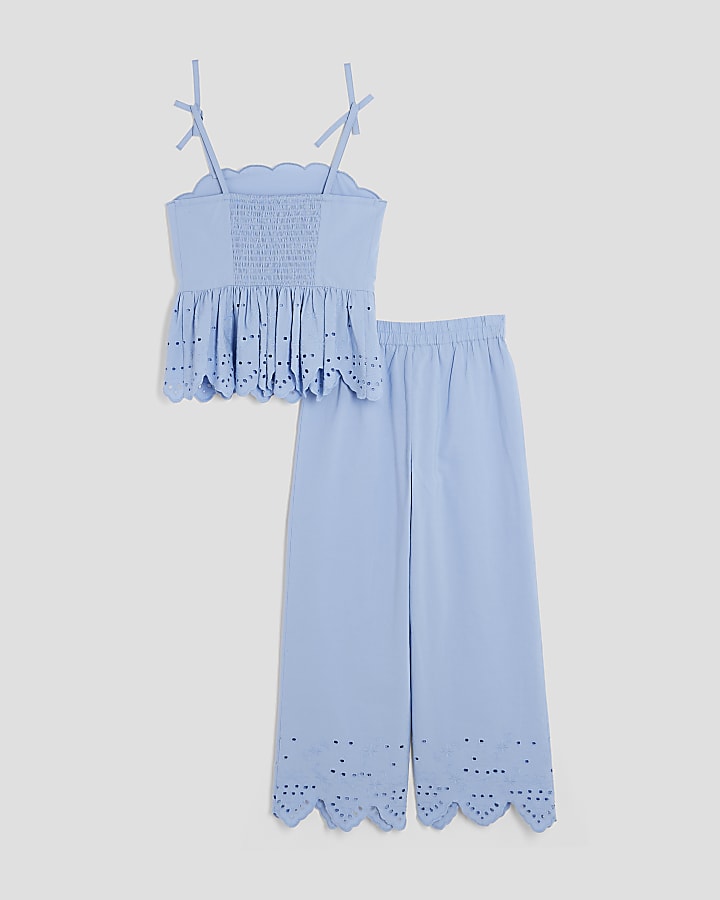 Girls Blue Broderie Top And Trousers Set