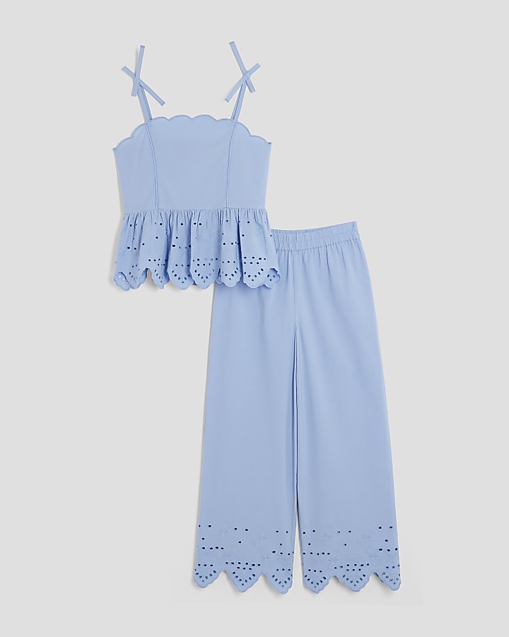 Girls Blue Broderie Top And Trousers Set