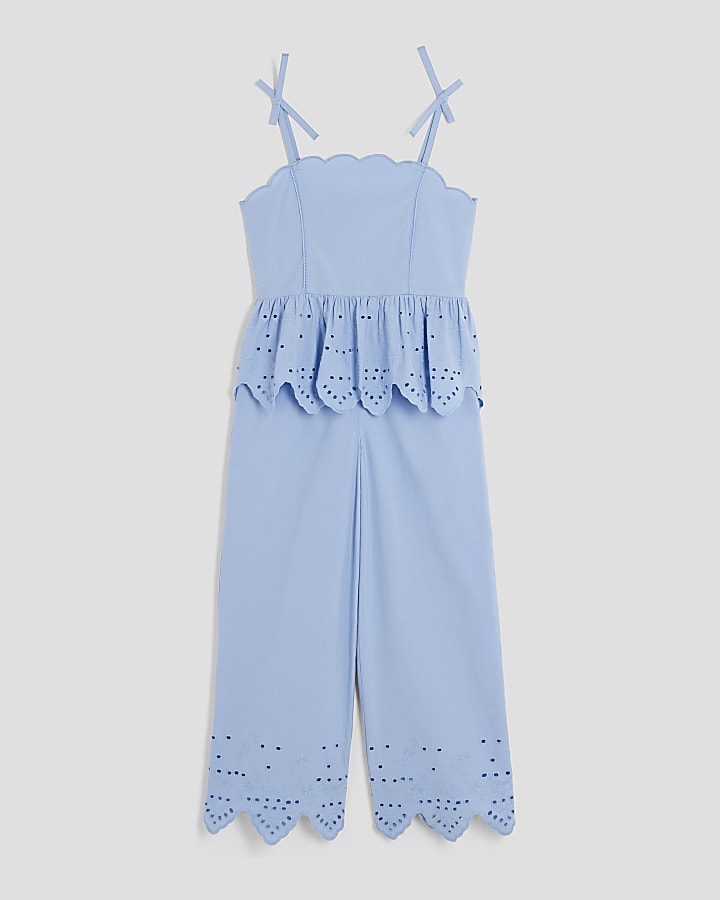 Girls Blue Broderie Top And Trousers Set