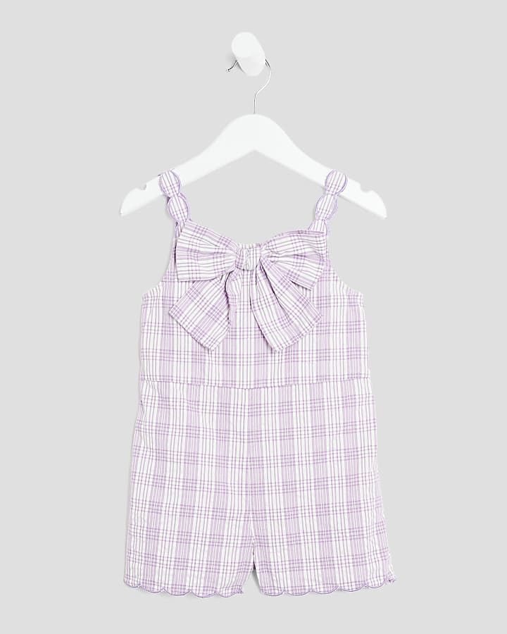 Mini Girls Purple Gingham Bow Playsuit