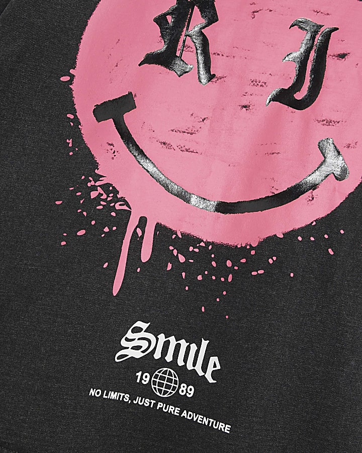 Boys Black Washed Smile Graphic T-Shirt