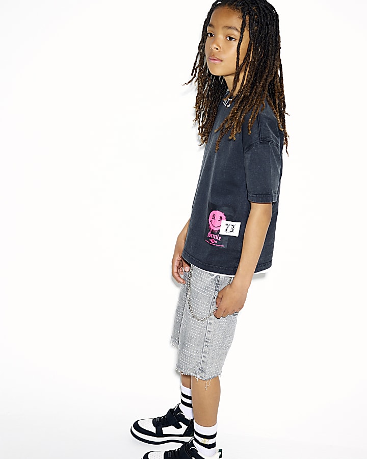 Boys Black Washed Smile Graphic T-Shirt