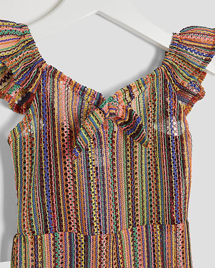 Mini Girls Orange Crochet Striped Jumpsuit