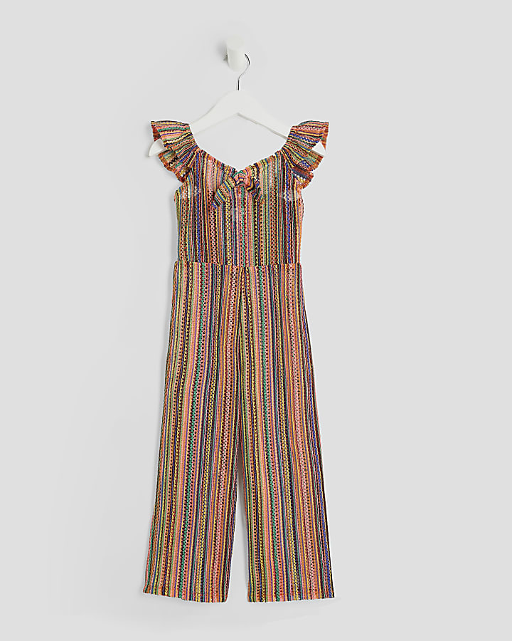 Mini Girls Orange Crochet Striped Jumpsuit