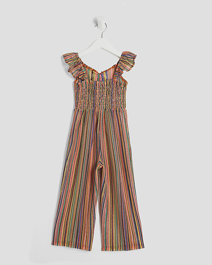 Mini Girls Orange Crochet Striped Jumpsuit