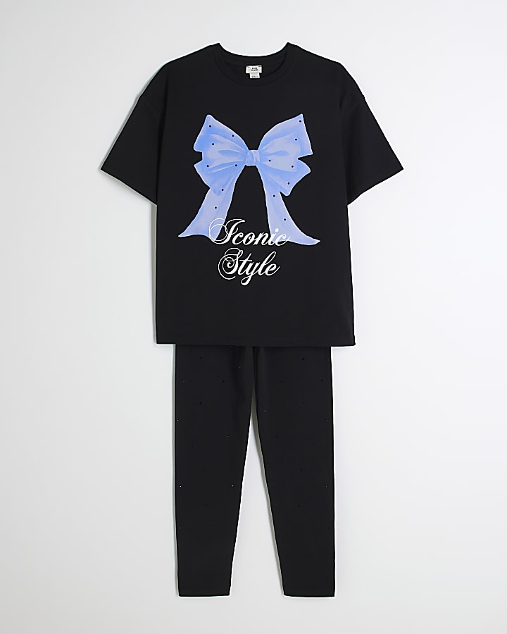 Girls Black Bow T-Shirt And Leggings Set