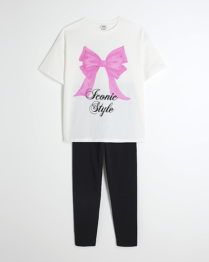 Girls White Bow T-Shirt And Leggings Set