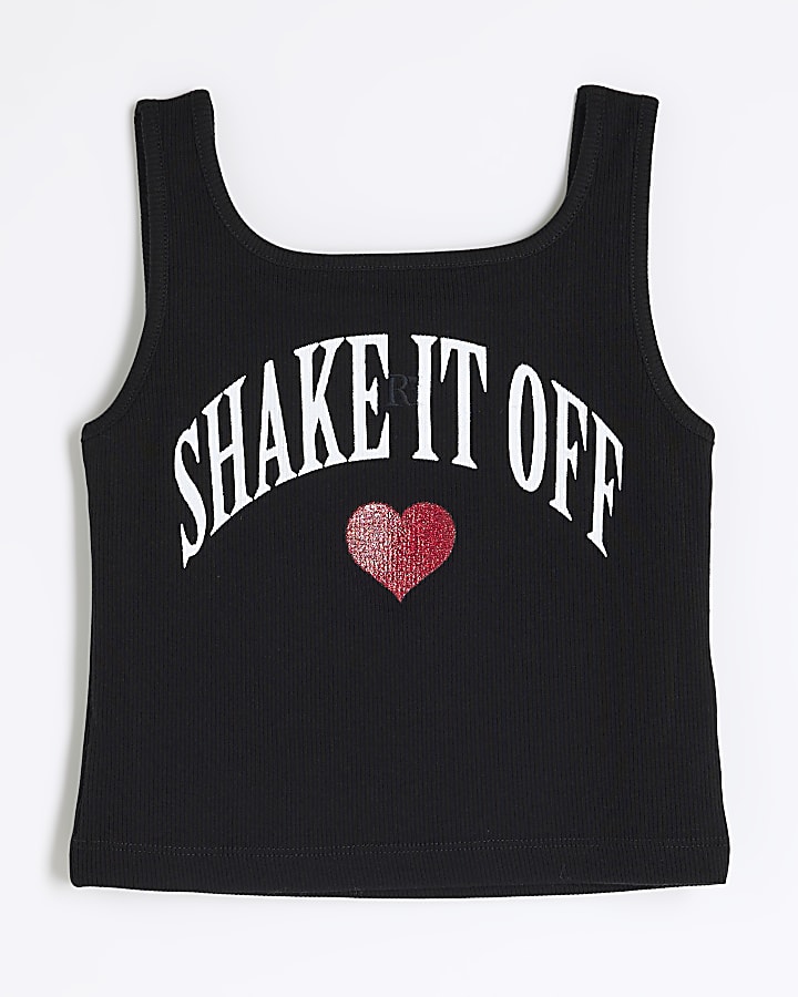 Girls Black Glitter Heart Tank Top