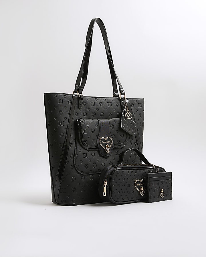 Girls Black Heart Lock Shopper Bundle Bag