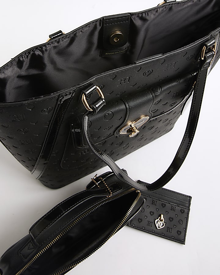 Girls Black Heart Lock Shopper Bundle Bag