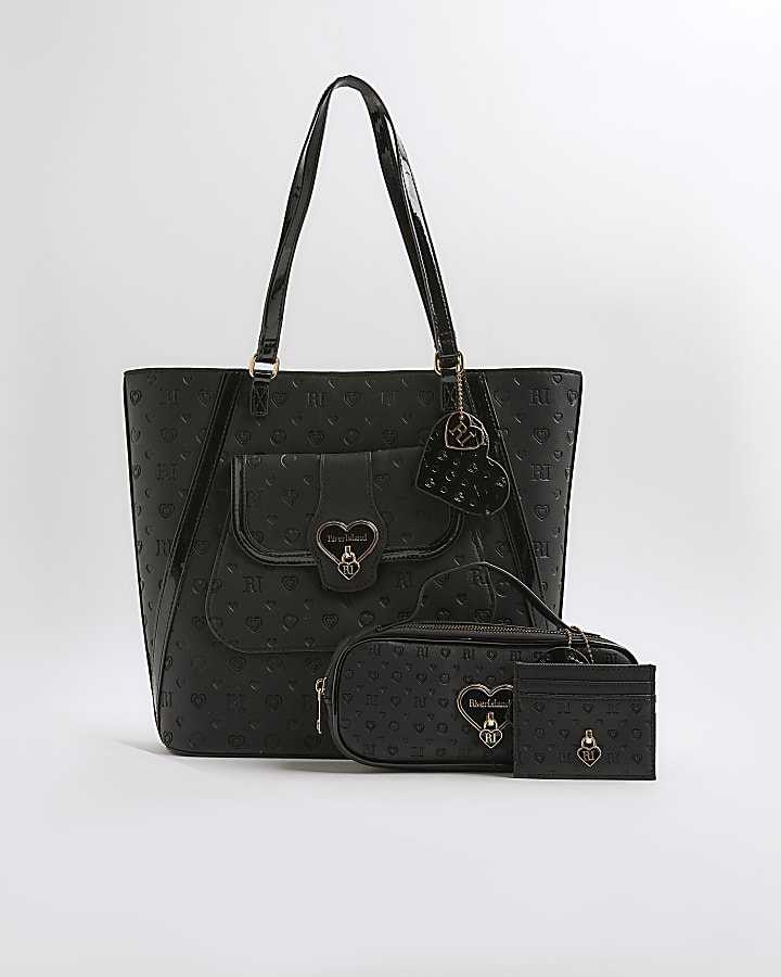 Girls Black Heart Lock Shopper Bundle Bag