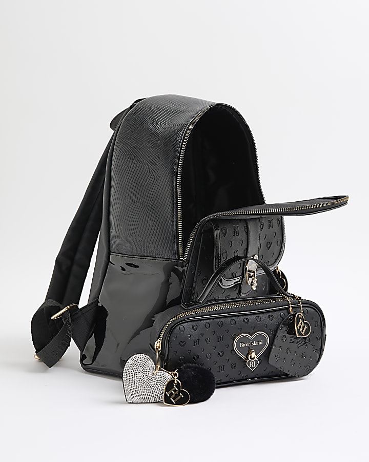Girls Black Heart Lock Backpack Bundle Bag