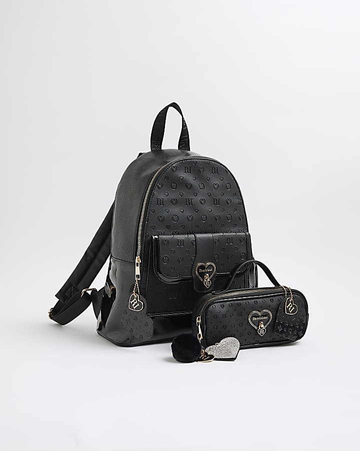 Girls Black Heart Lock Backpack Bundle Bag