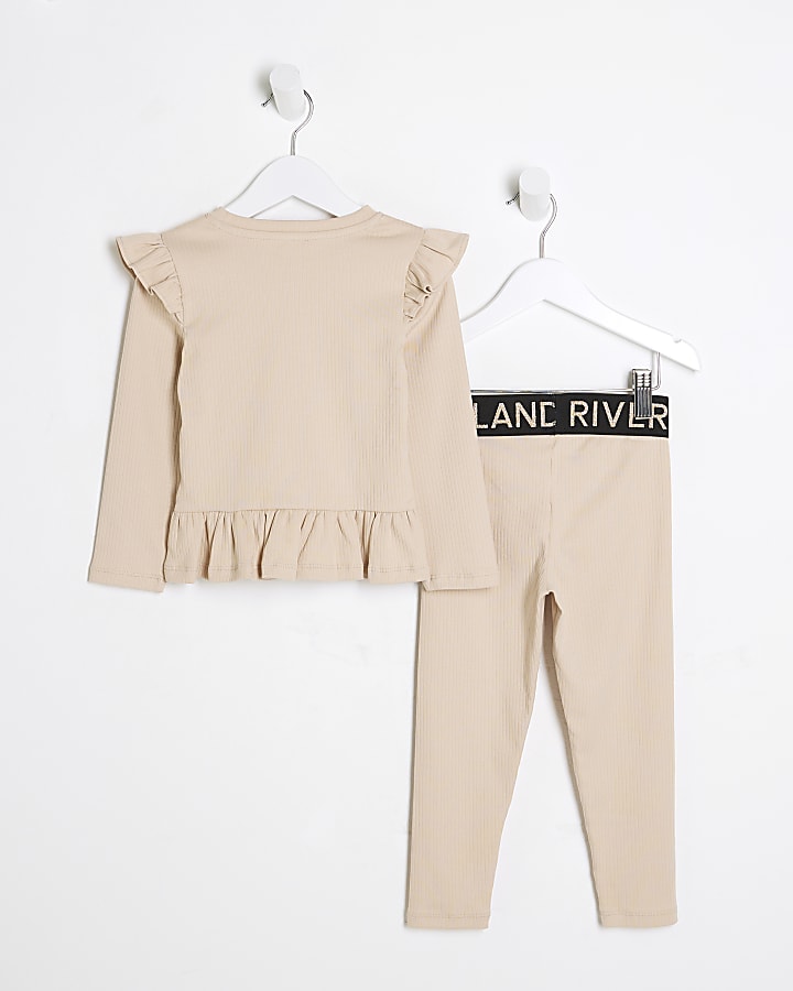 Mini Girls Beige Ribbed Top Set