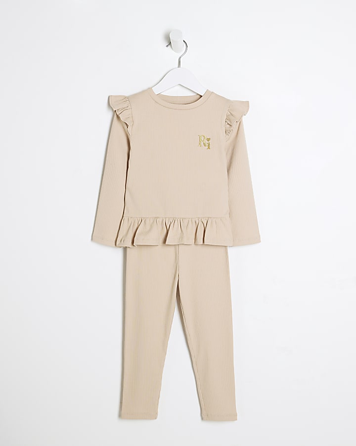 Mini Girls Beige Ribbed Top Set