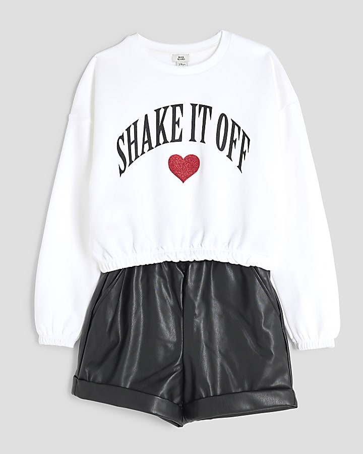 Girls White Heart Sweatshirt And Shorts Set