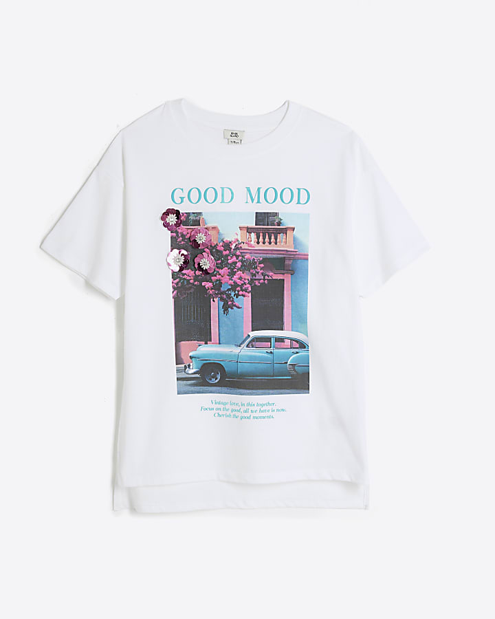 Girls White Good Mood Car T-Shirt