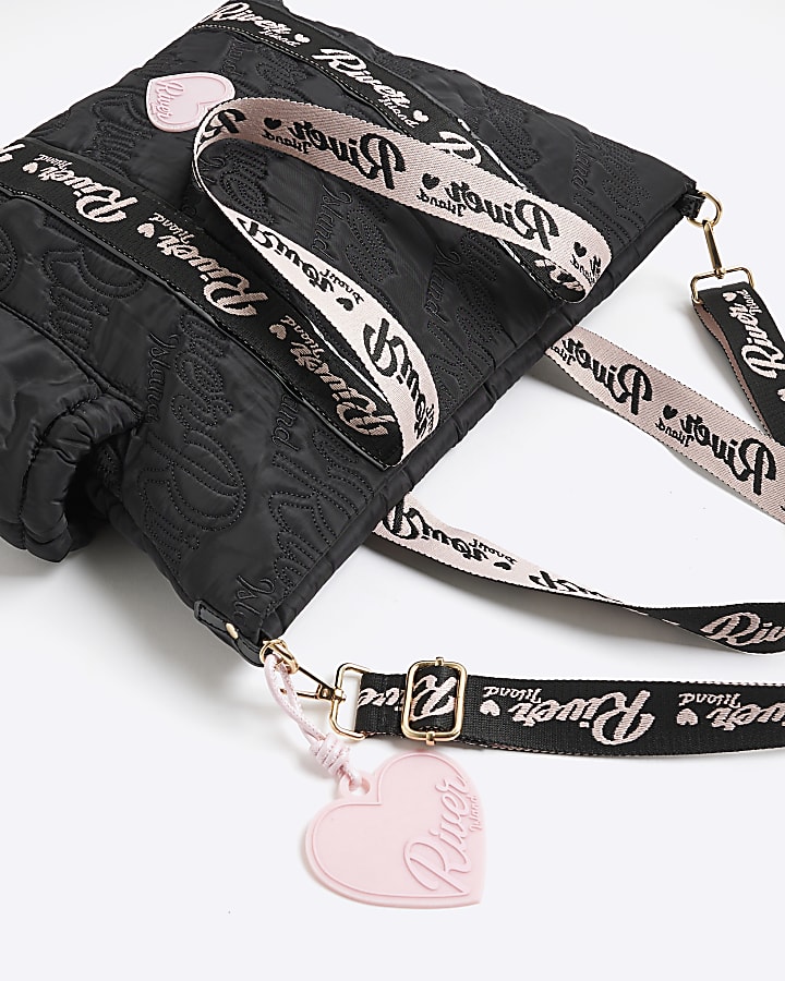 Girls Black Nylon Script Shopper Bag