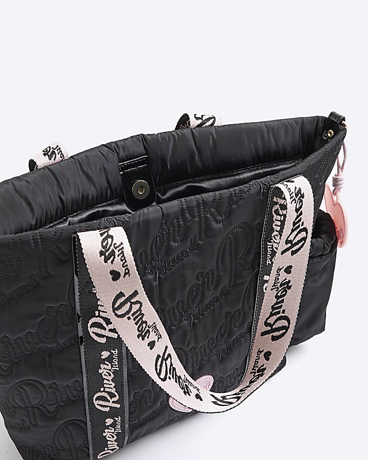 Girls Black Nylon Script Shopper Bag