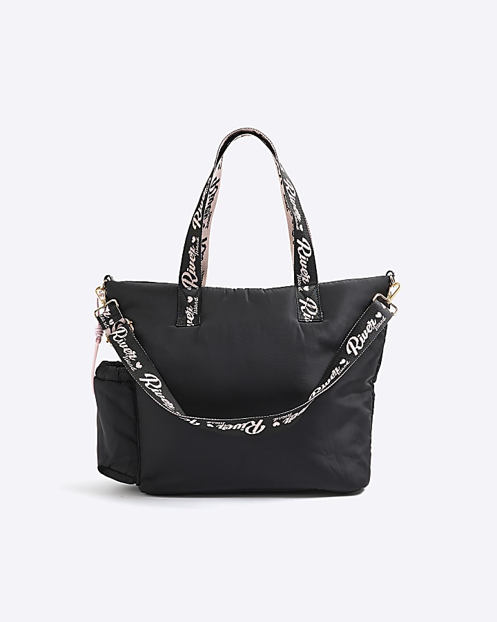 Girls Black Nylon Script Shopper Bag