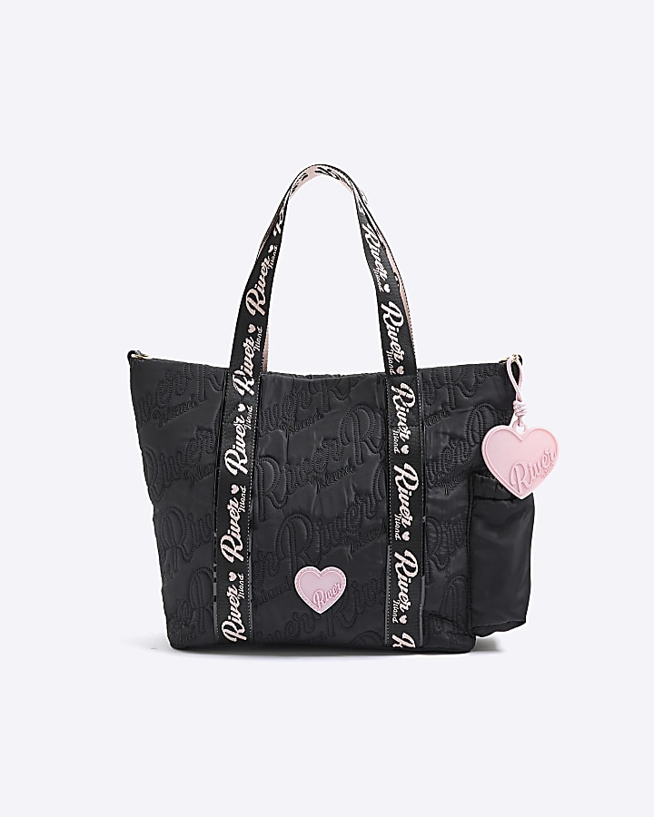 Girls Black Nylon Script Shopper Bag