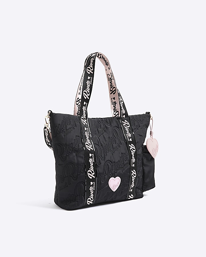 Girls Black Nylon Script Shopper Bag