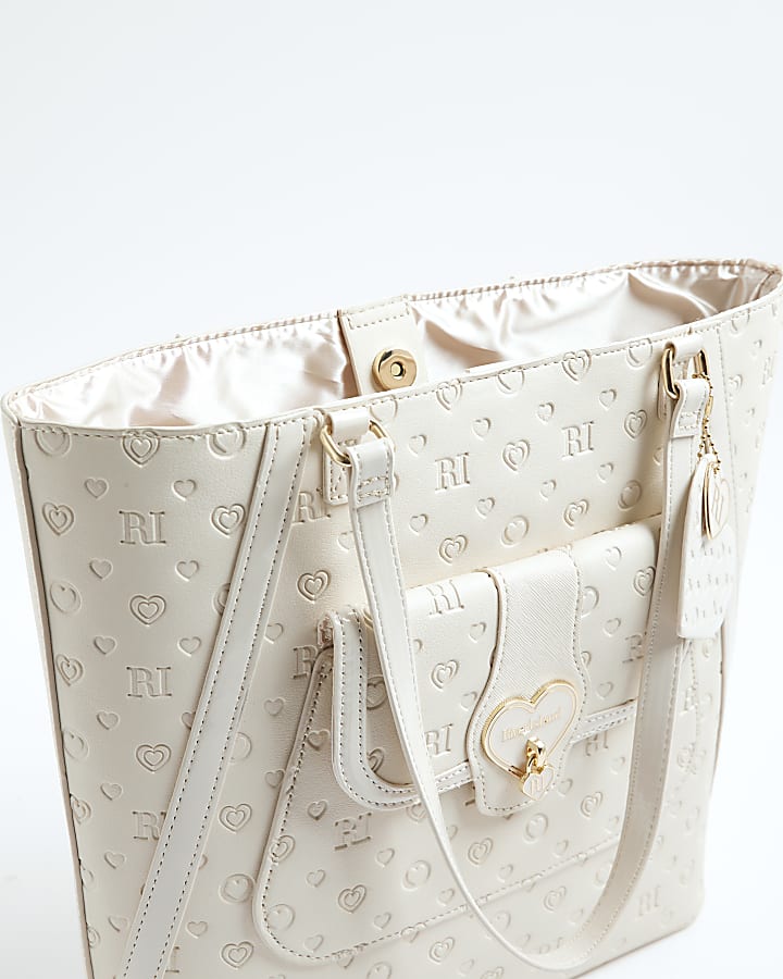 Girls Cream Heart Lock Pocket Shopper Bag