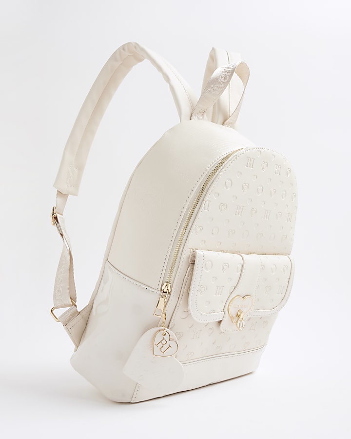Girls Cream Heart Lock Pocket Backpack