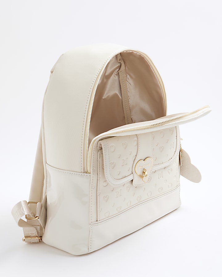 Girls Cream Heart Lock Pocket Backpack