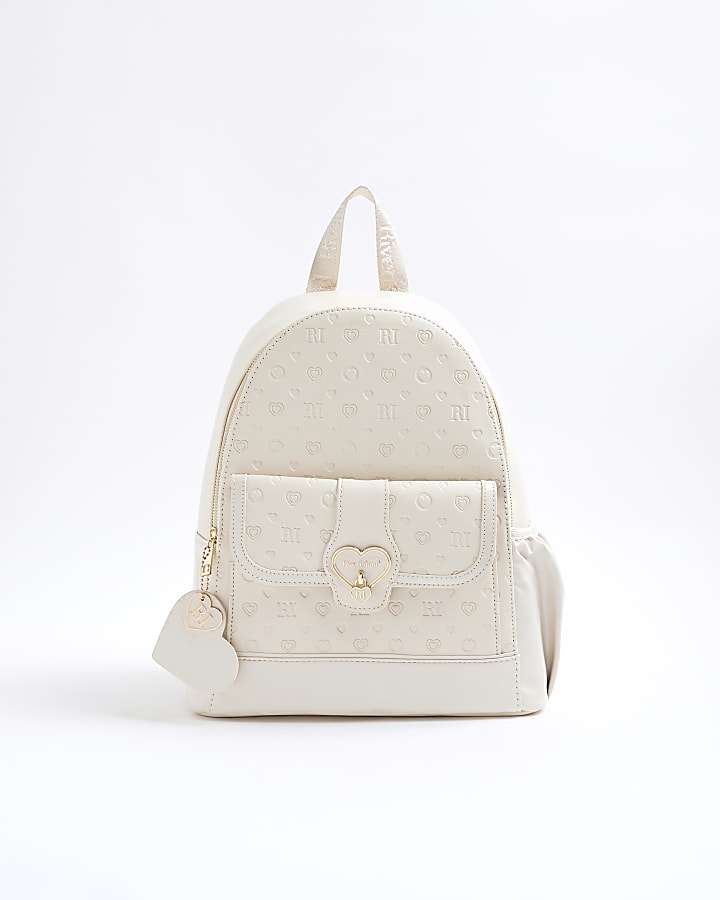 Girls Cream Heart Lock Pocket Backpack