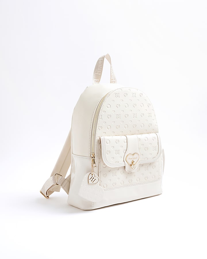 Girls Cream Heart Lock Pocket Backpack