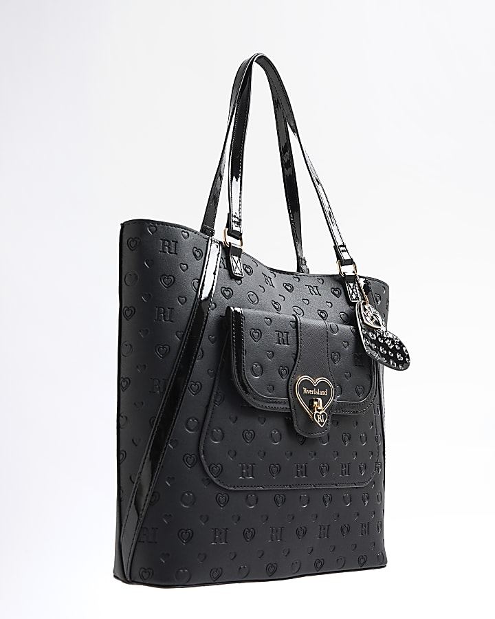 Girls Black Heart Lock Pocket Shopper Bag