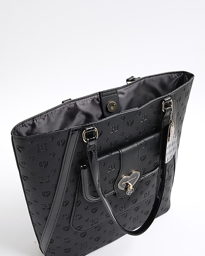 Girls Black Heart Lock Pocket Shopper Bag