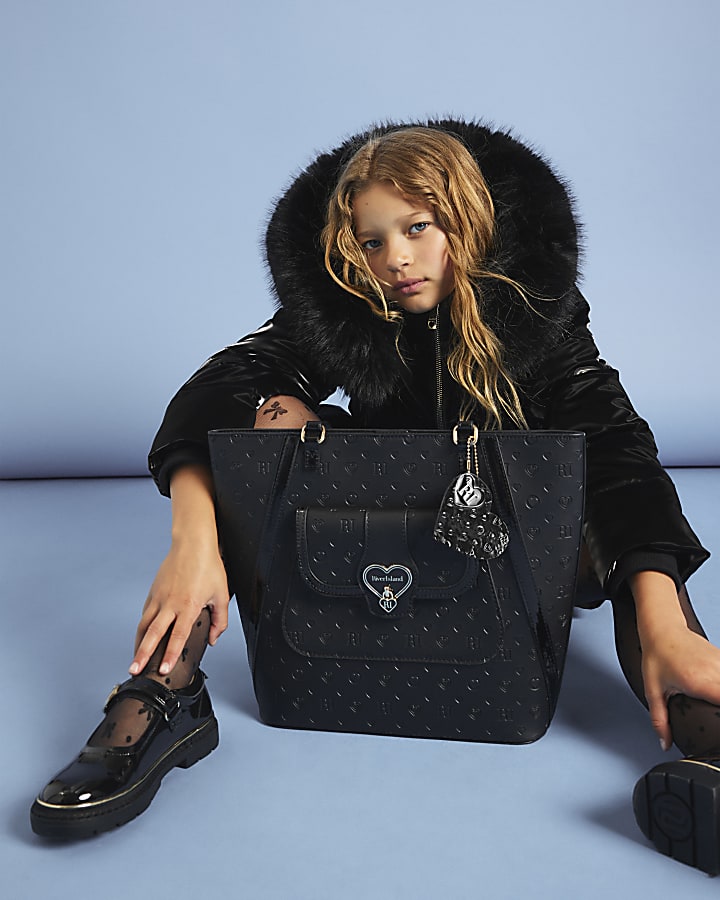 Girls Black Heart Lock Pocket Shopper Bag
