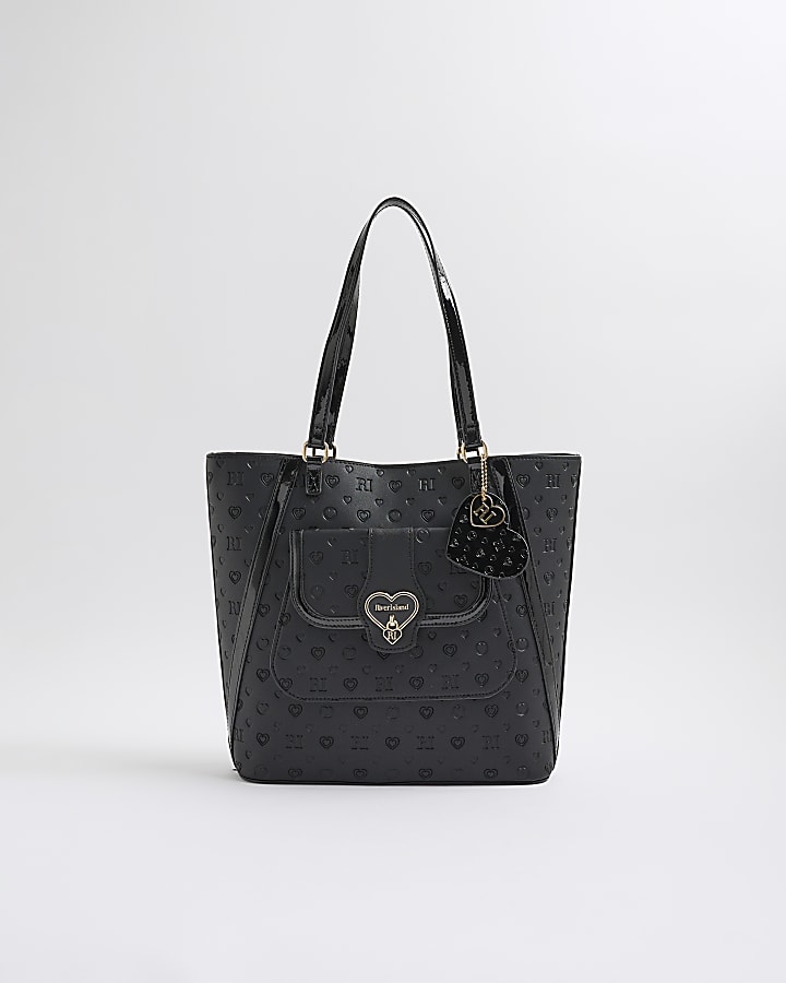 Girls Black Heart Lock Pocket Shopper Bag